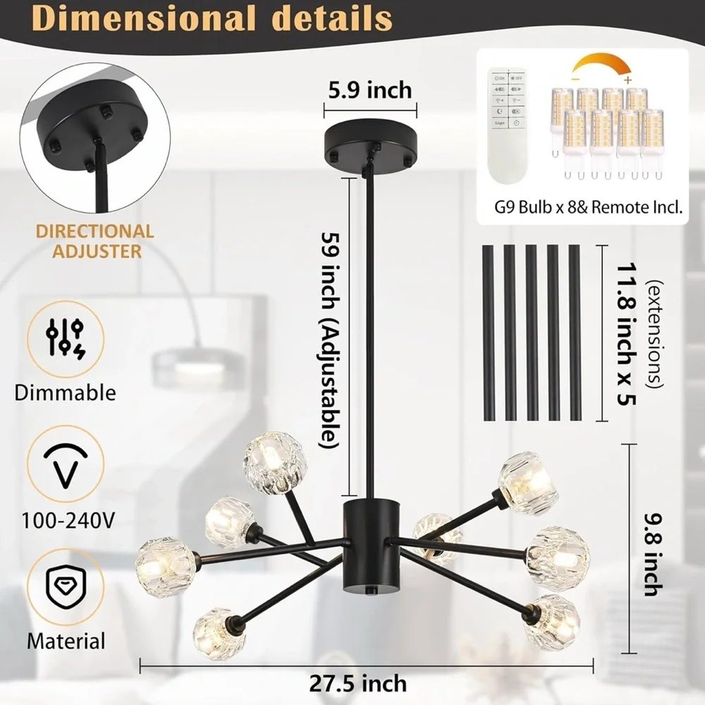 Modern Black Chandelier with Crystal Accents
